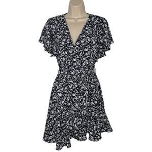 Vine Tree Black White Floral Faux Wrap Flare Flutter Sleeve Belted Dress Sz S